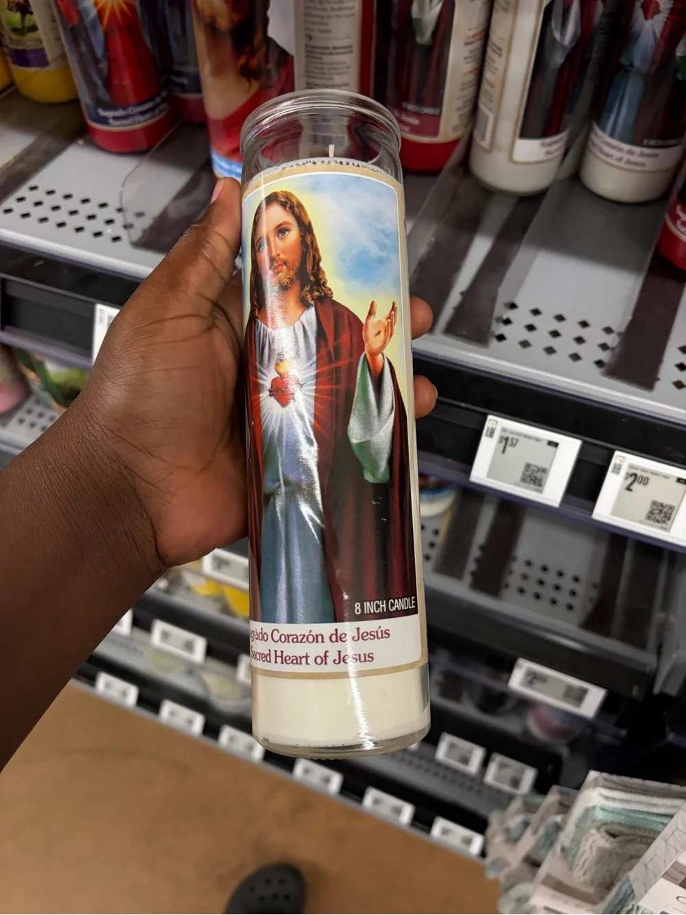 Devotional Glass Prayer Candle - White with Religious Illustration